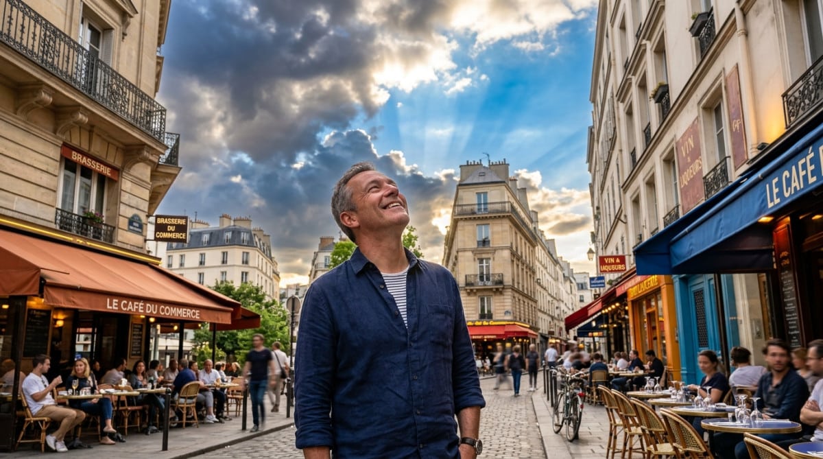 Homme souriant observant le ciel se dégager