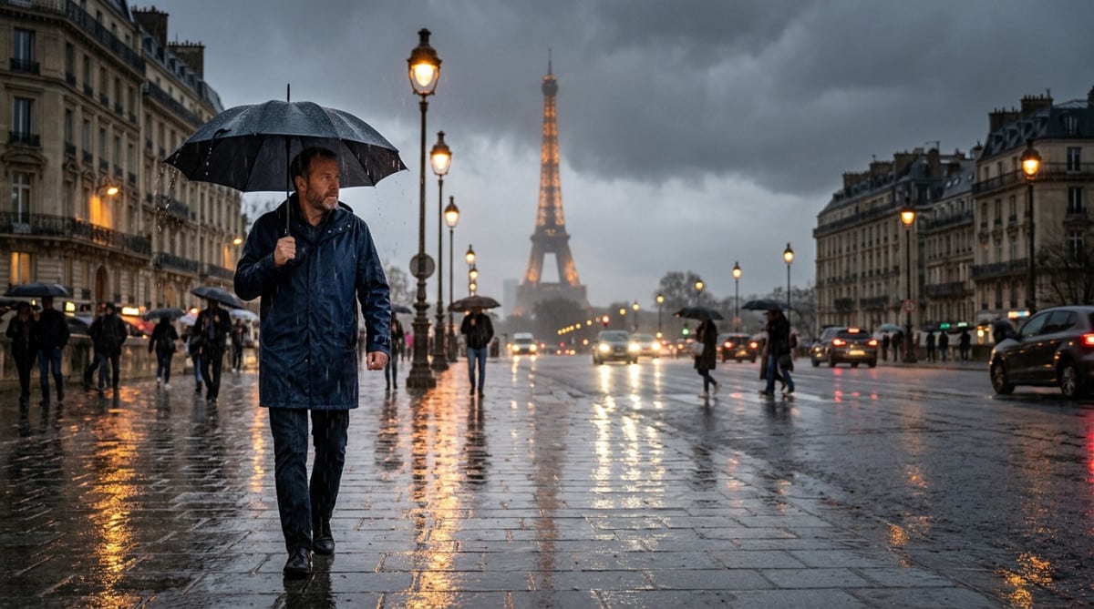 Homme sous la pluie avec parapluie à Paris