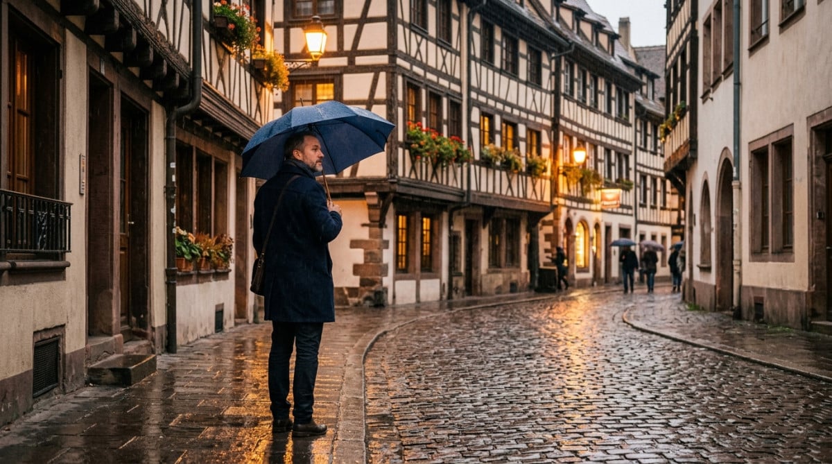 Homme sous la pluie dans une rue de Strasbourg