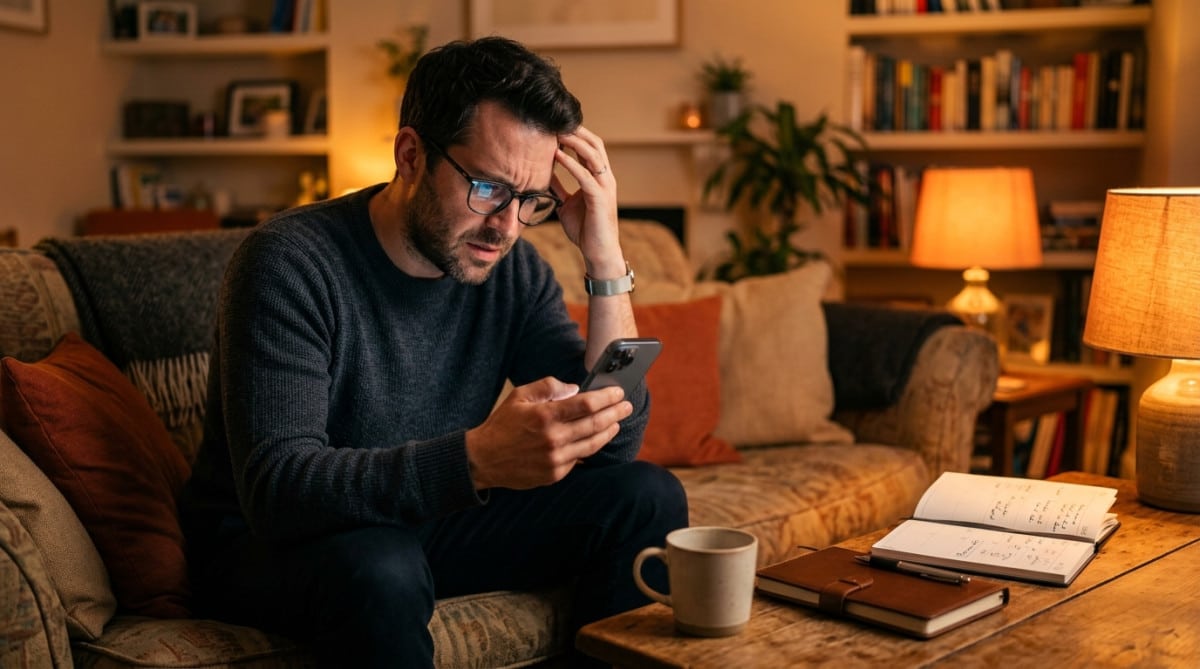 Homme stressé lisant un email de séminaire le soir