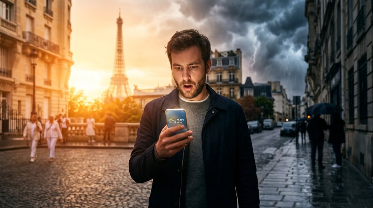 Homme surpris consultant la météo à Paris avant la hausse de mardi