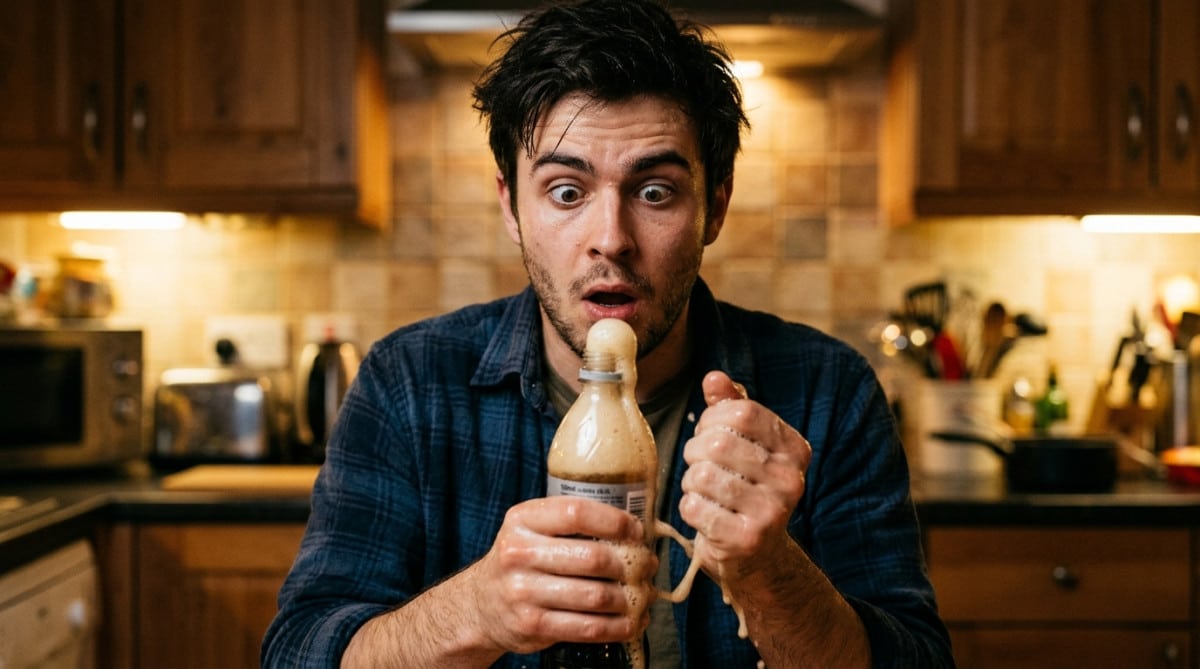 Homme surpris par une bouteille de soda qui mousse