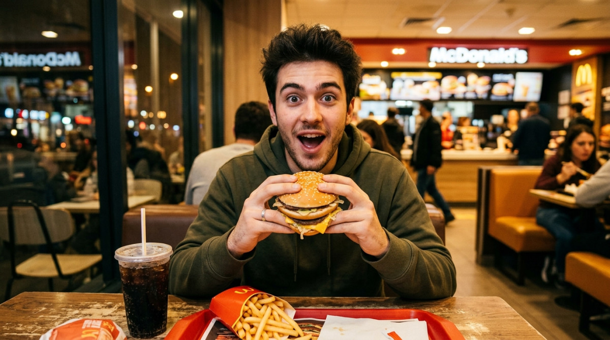 Homme surpris tenant un Big Mac au restaurant