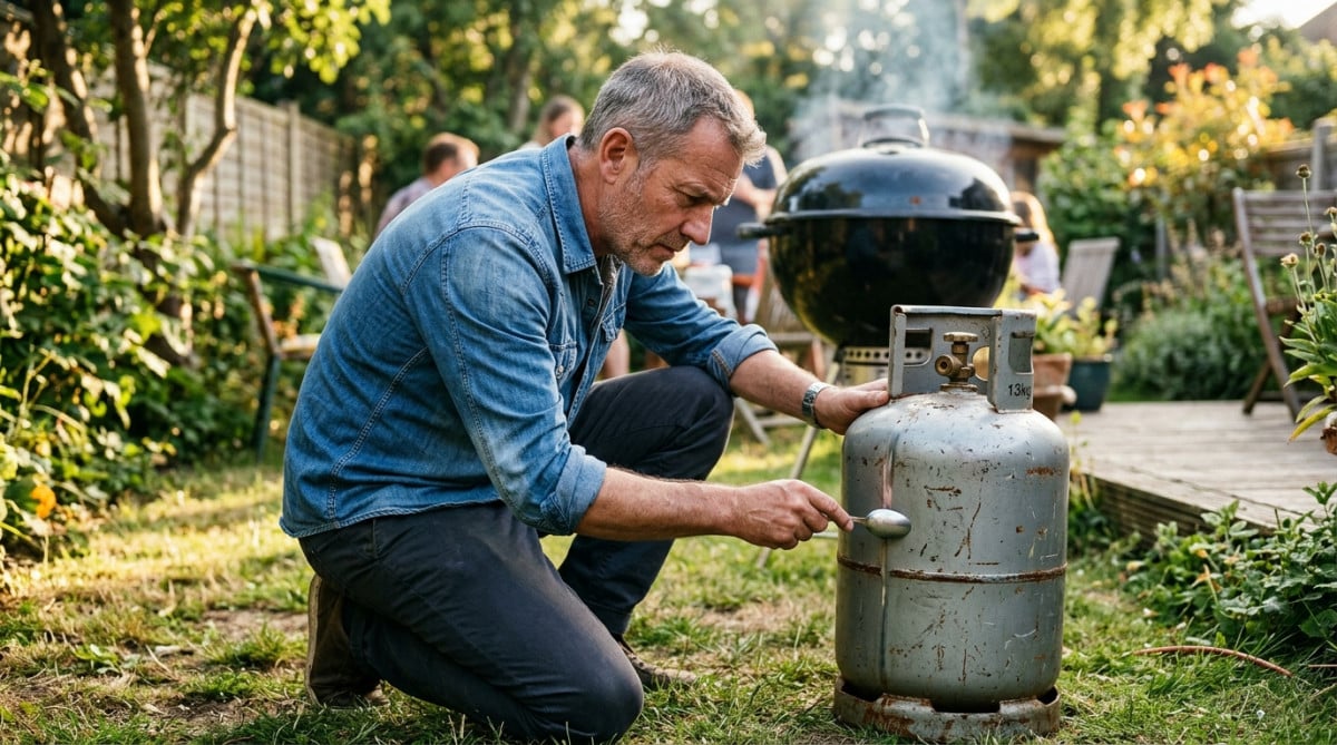 Homme testant le niveau de gaz avec une cuillère