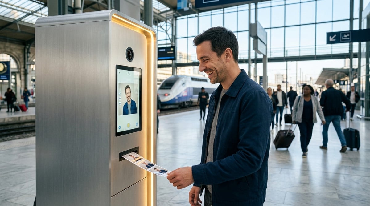 Homme utilisant un photomaton numérique moderne en gare