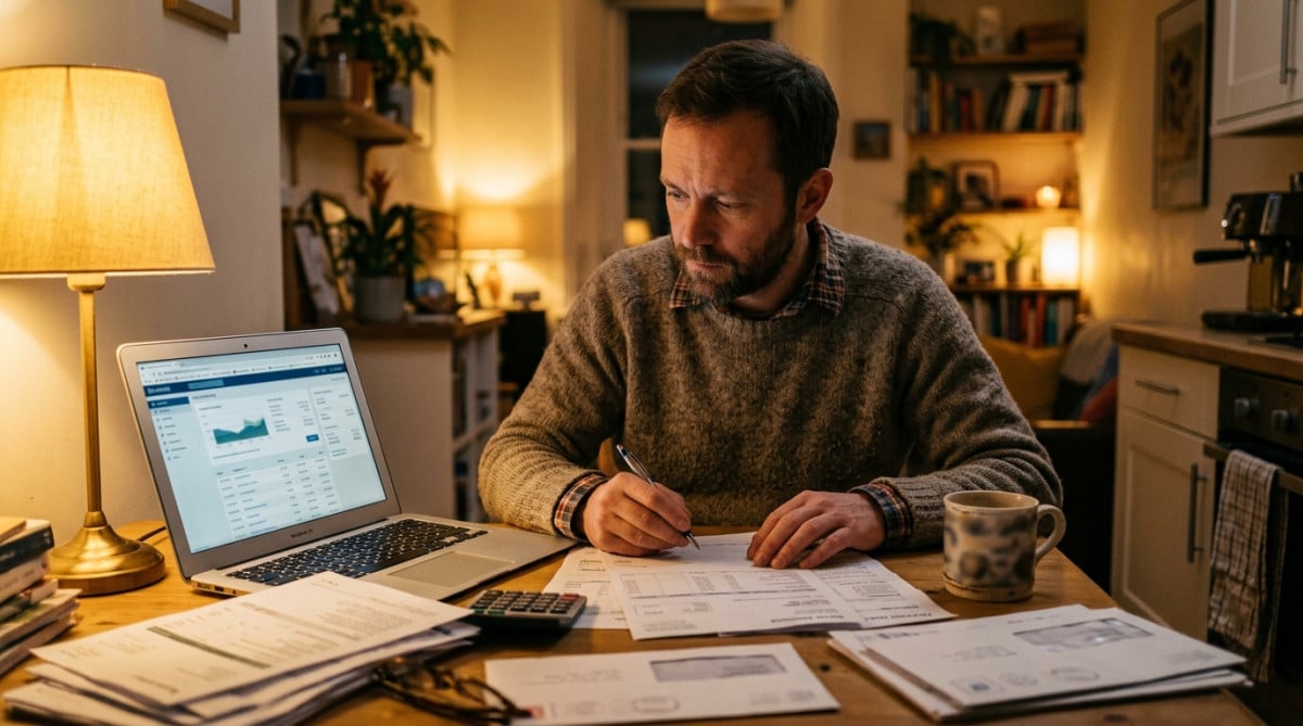 Homme vérifiant ses factures et comptes à la maison