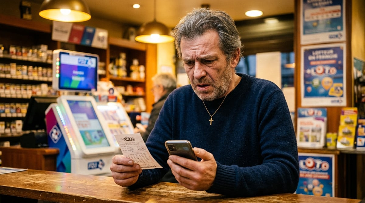 Homme vérifiant son billet de Loto sur son téléphone