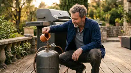Homme versant de l'eau chaude sur une bouteille de gaz
