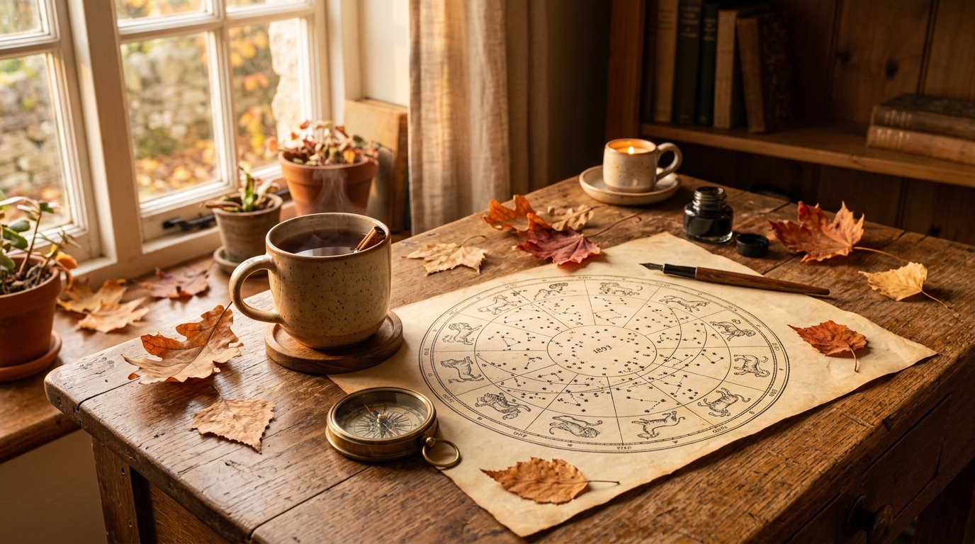 Bureau cosy avec thème automnal et carte du ciel