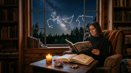 Ciel étoilé mystique au-dessus d'un livre d'astrologie