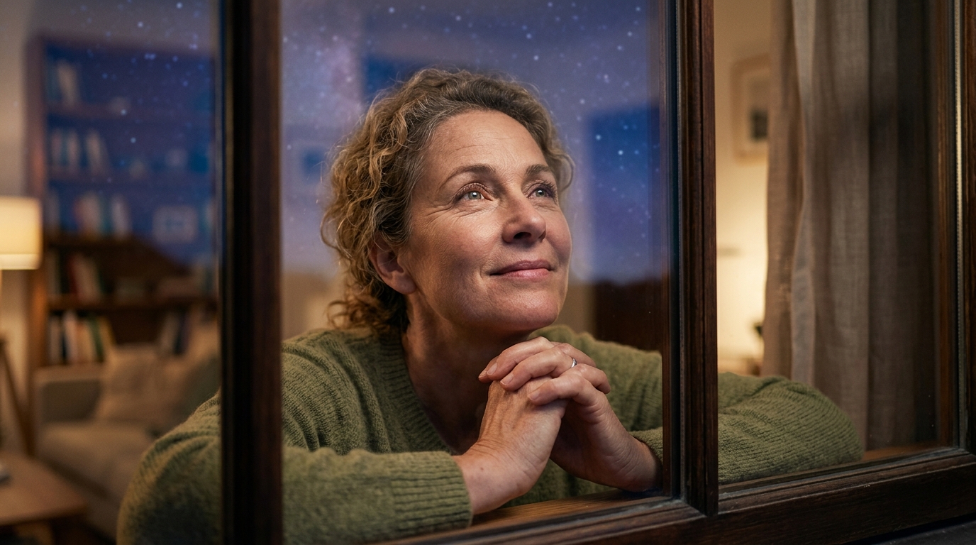 Visage serein illuminé par la lumière d'une nuit étoilée