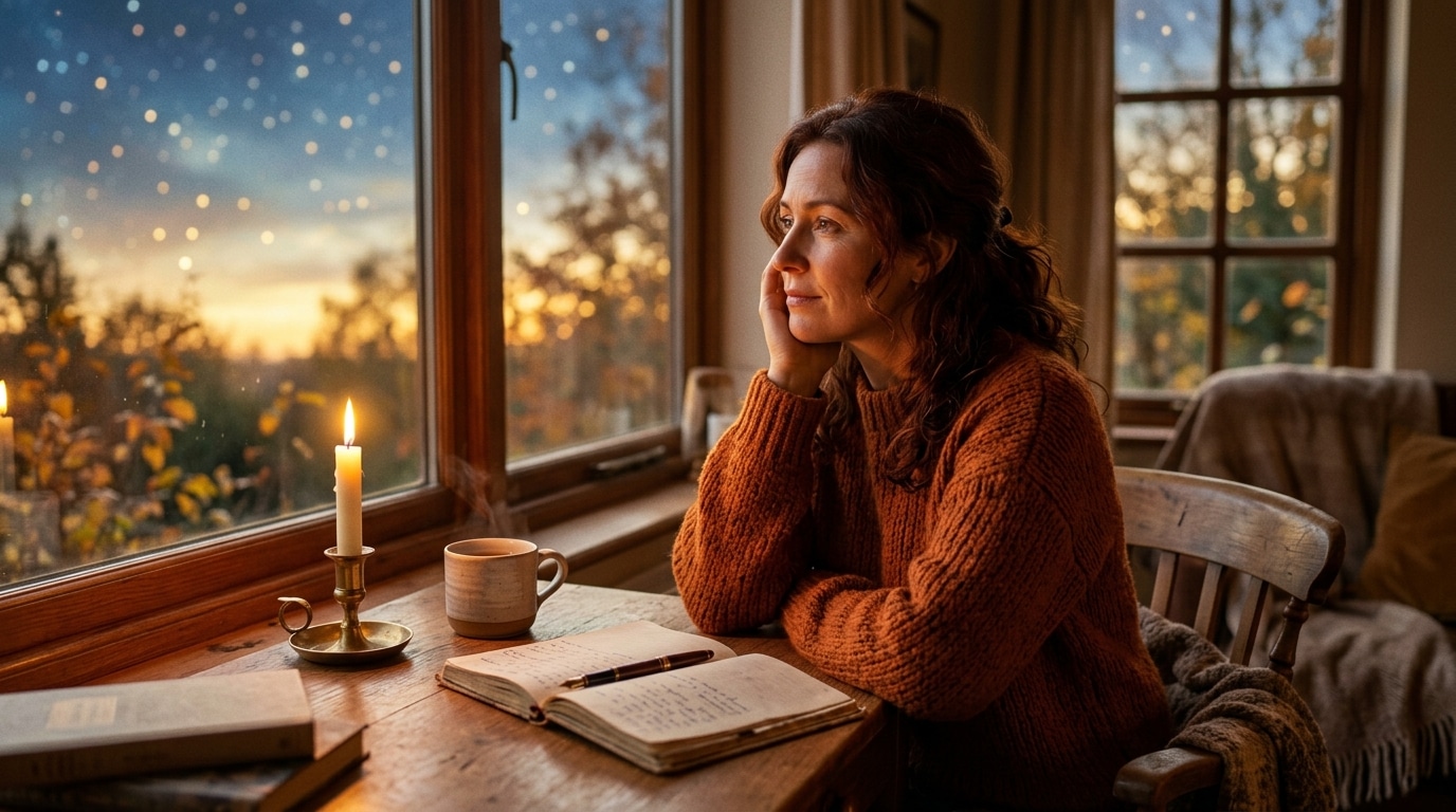 Femme pensive à l'aube dans une lumière dorée mystique