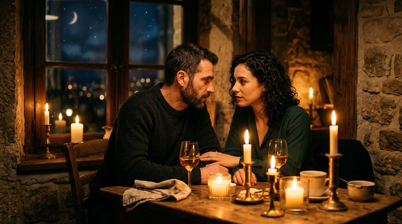 Couple assis à table aux bougies dans une ambiance intense