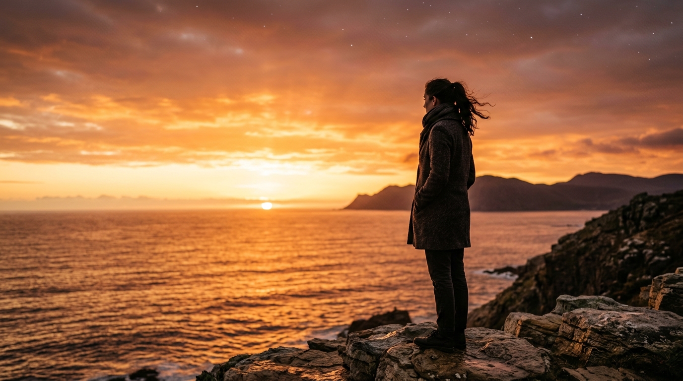Personne contemplant un coucher de soleil doré et étoilé