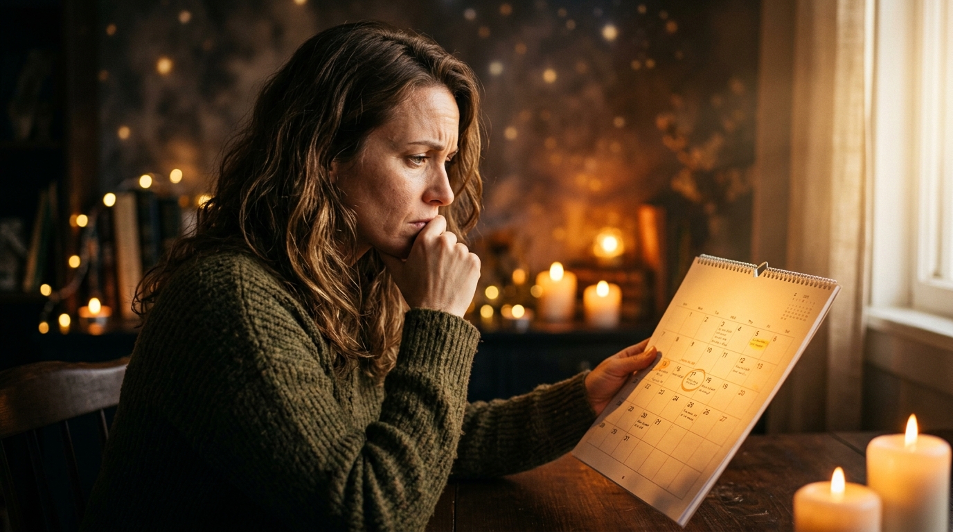 Femme inquiète consultant un calendrier de rentrée