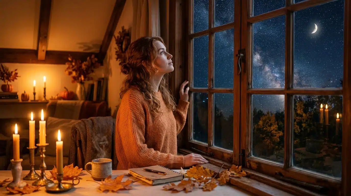 Femme contemplant le ciel étoilé sous une lumière dorée