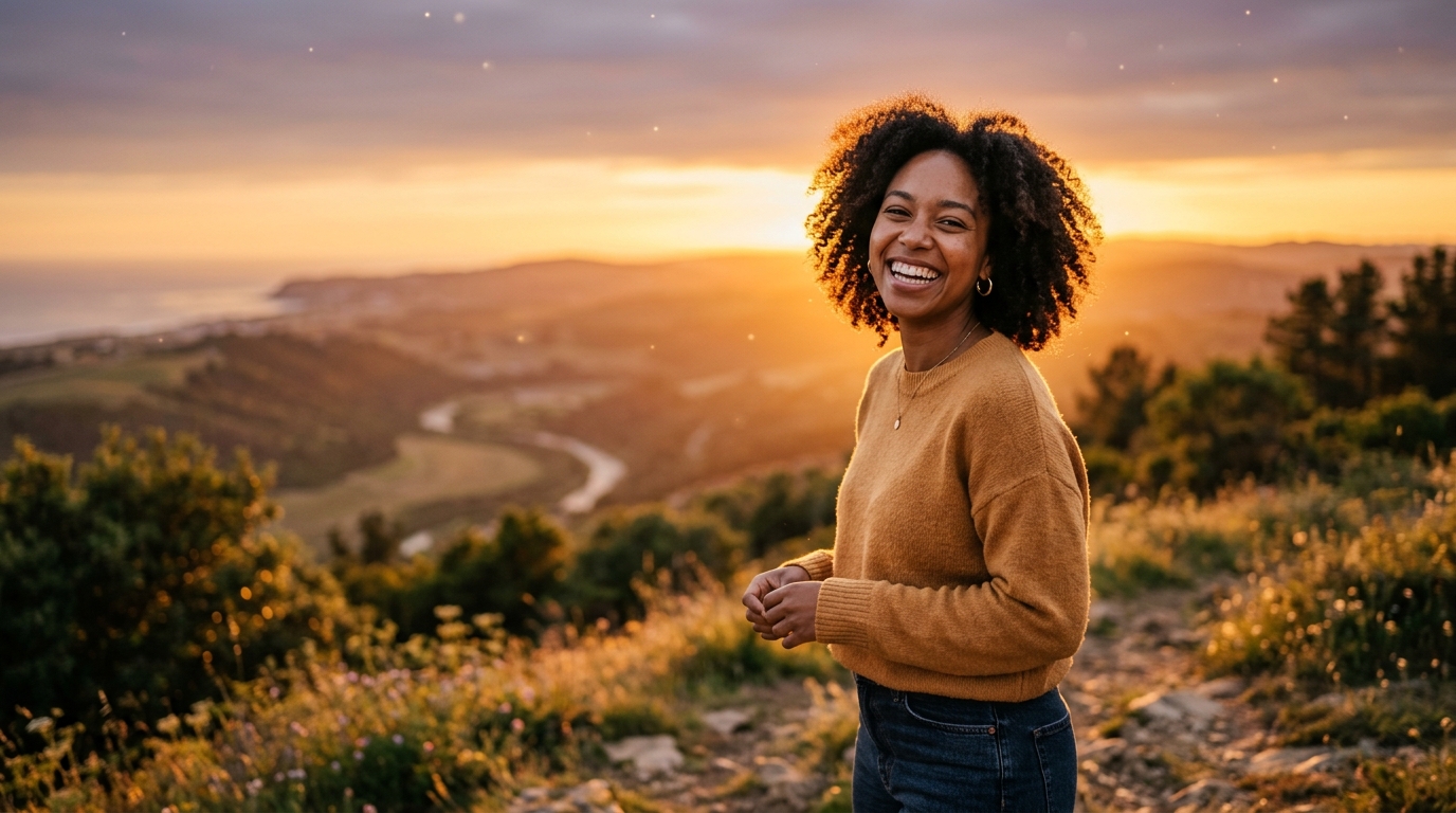 Femme souriante illuminée par la lumière dorée du coucher de soleil