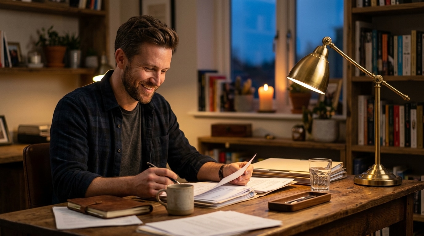 Homme souriant au bureau sous lumière chaleureuse