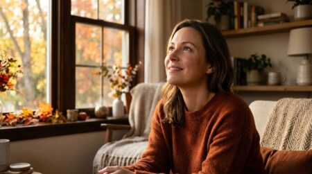 Femme souriante regardant la lumière dorée d'automne