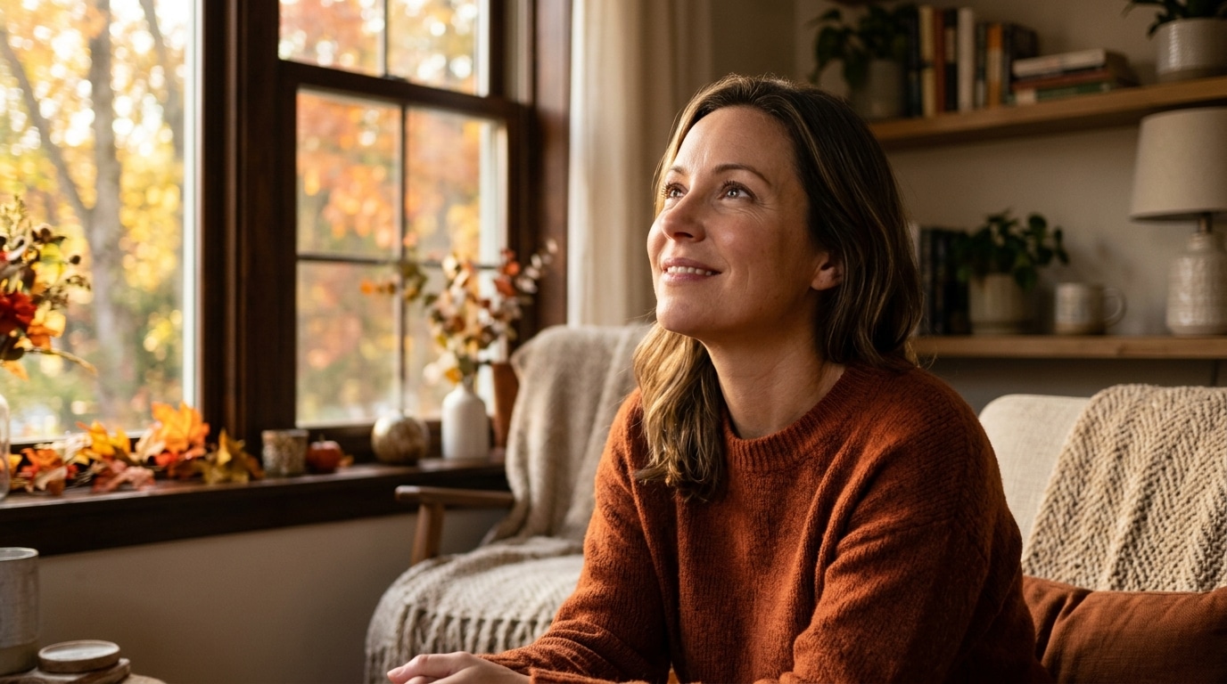 Femme souriante regardant la lumière dorée d'automne