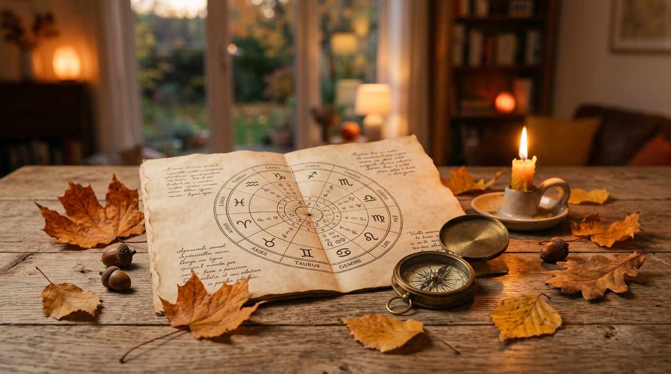 Nature morte astrologique avec carte du ciel et bougie