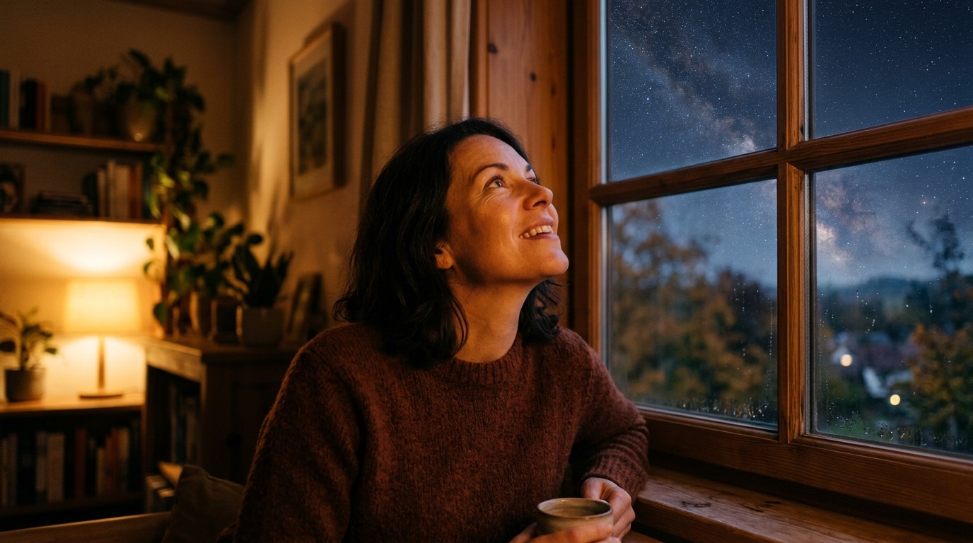 Personne soulagée regardant le ciel étoilé d'automne
