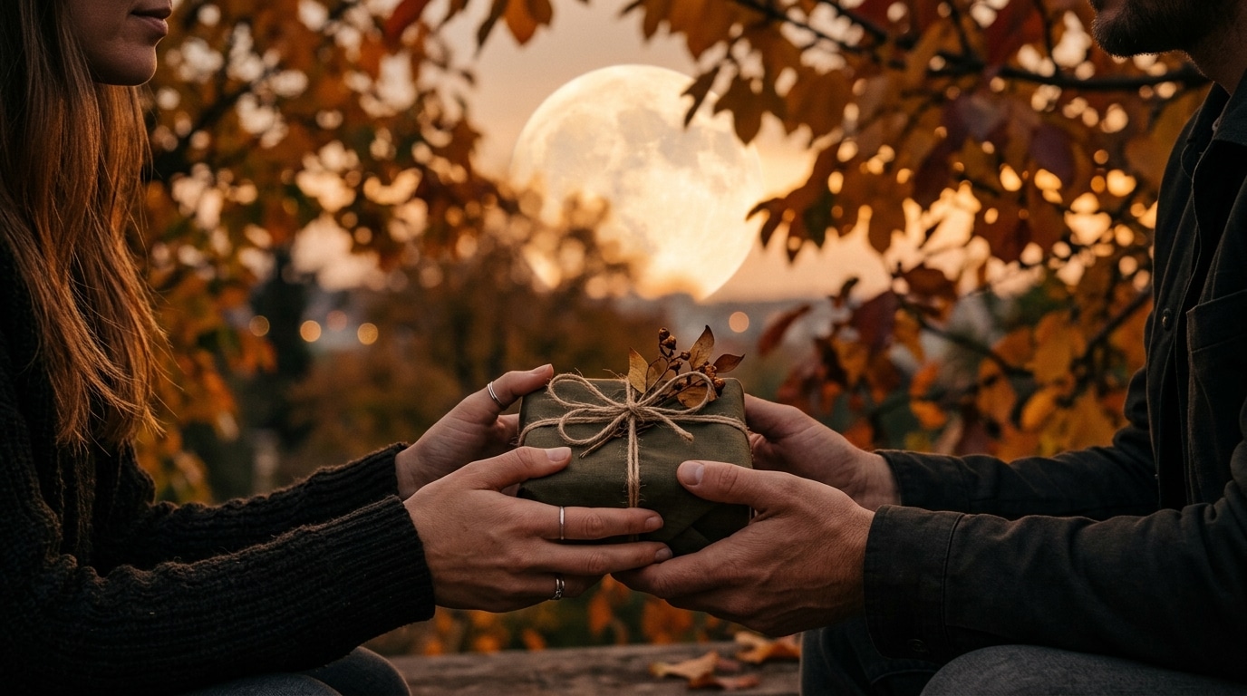 Pleine lune derrière des feuilles d'automne, mains tenant un cadeau