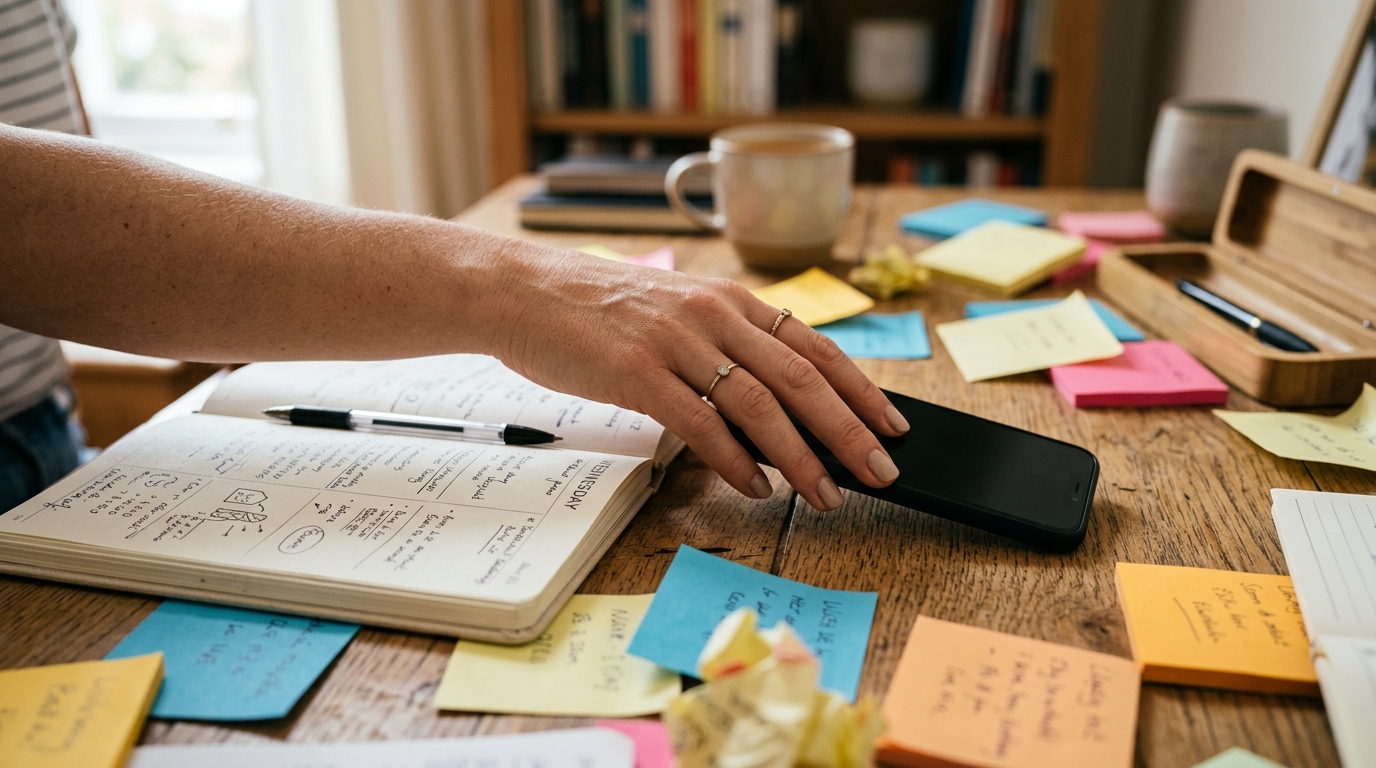 Main repoussant un smartphone sur un bureau