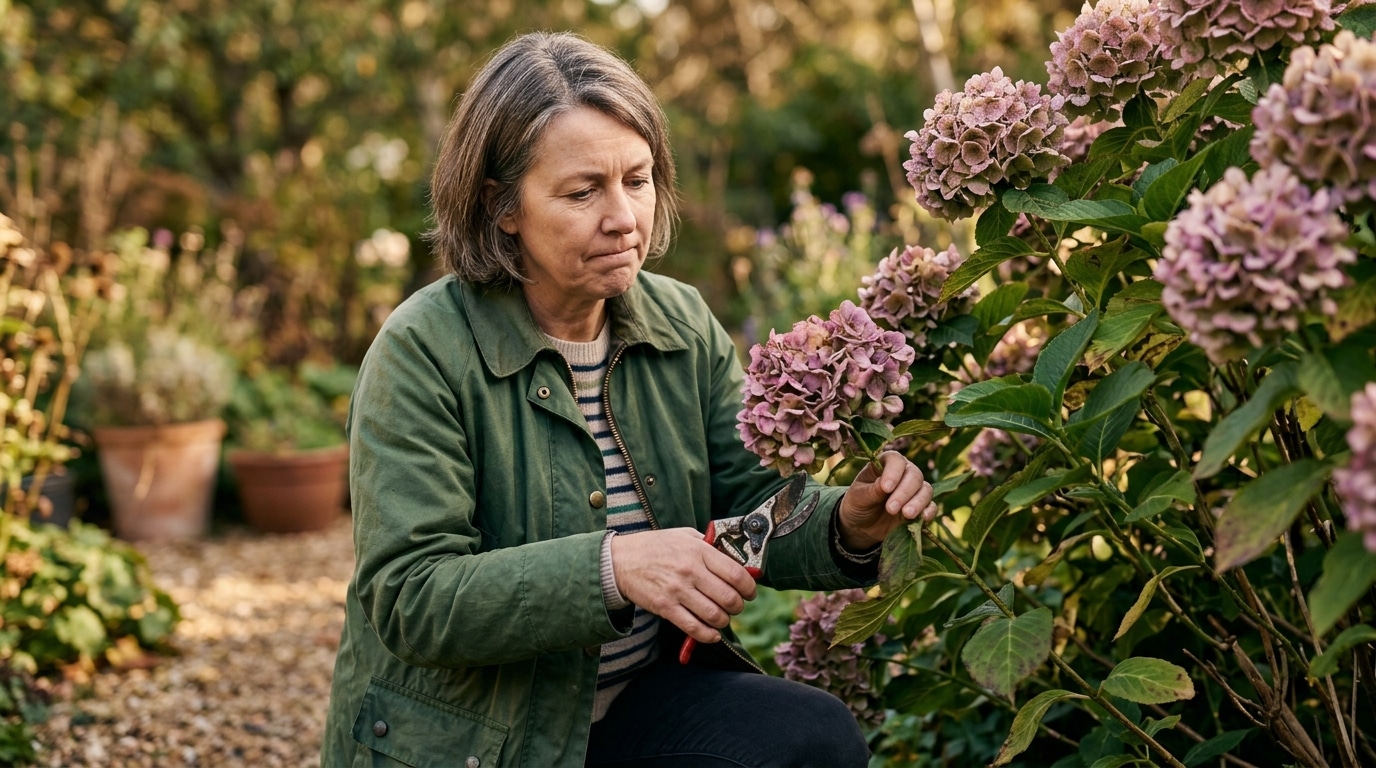Jardinier hésitant devant un massif d'hortensias