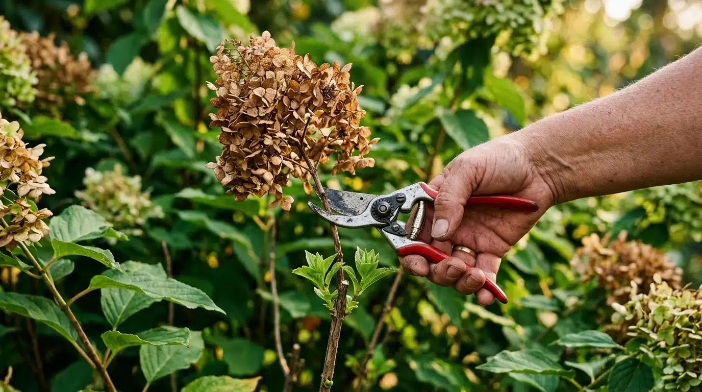 Main coupant une fleur d'hortensia fanée au sécateur