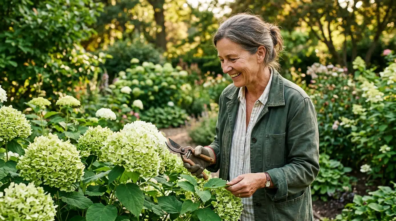 Jardinier souriant devant un massif d'hortensias