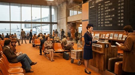 Hôtesse en uniforme dans un aéroport français des années 70
