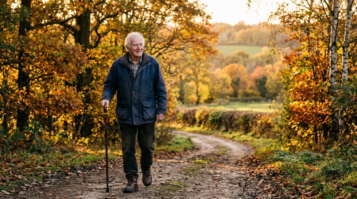 Senior marchant sereinement sur un chemin de campagne