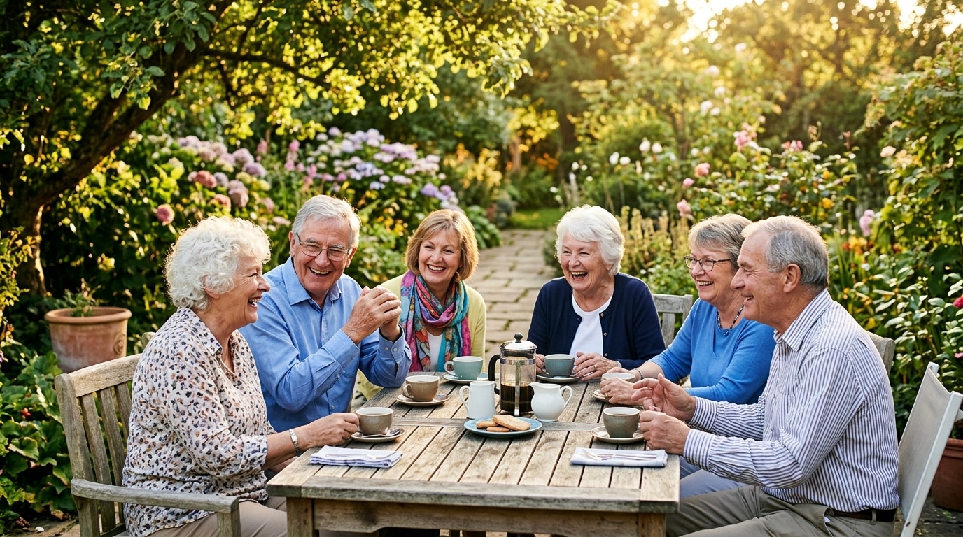 Groupe de seniors riant ensemble autour d'une table conviviale