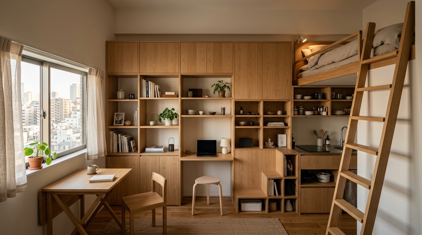 Intérieur compact d'une mini-maison duplex avec rangements muraux