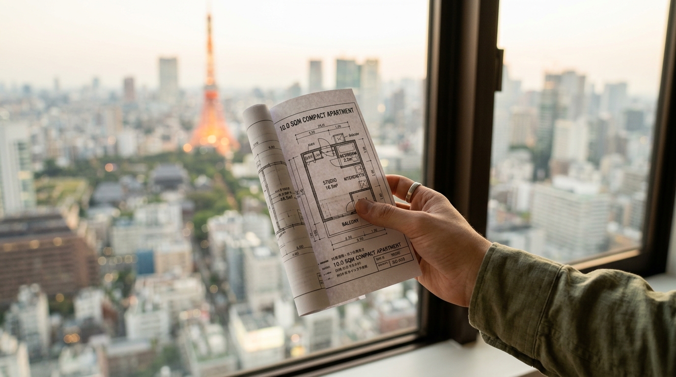 Plan d'appartement tenu en main devant une fenêtre urbaine