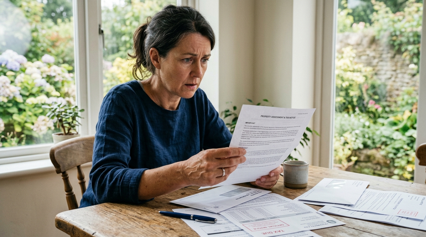 Homme lisant un courrier des impôts fonciers, inquiet