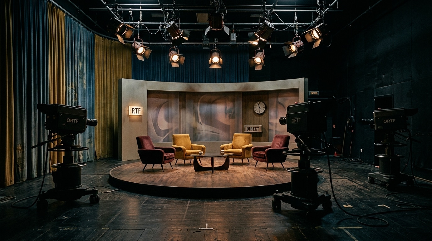 Studio de télévision vide avec projecteurs et chaises inoccupées
