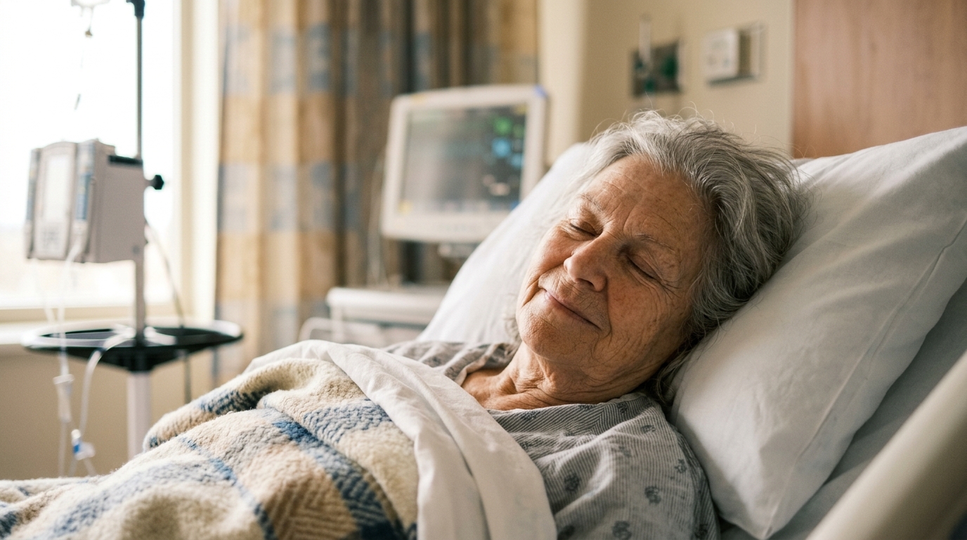 Femme âgée souriante alitée en convalescence hospitalière