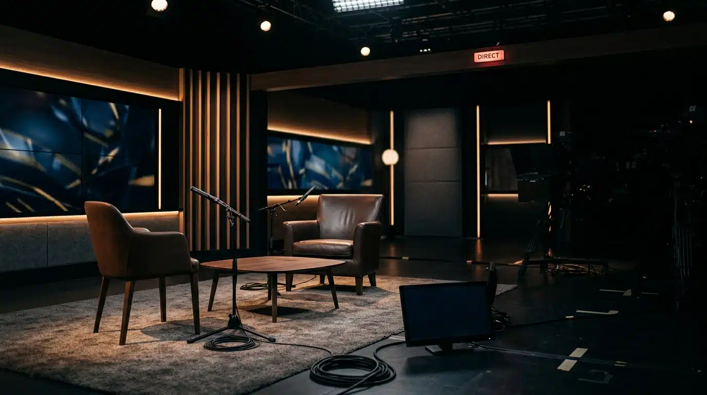 Plateau de télévision vide évoquant un tournage de documentaire politique