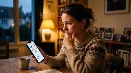 Mère inquiète regardant un test ADN sur son téléphone