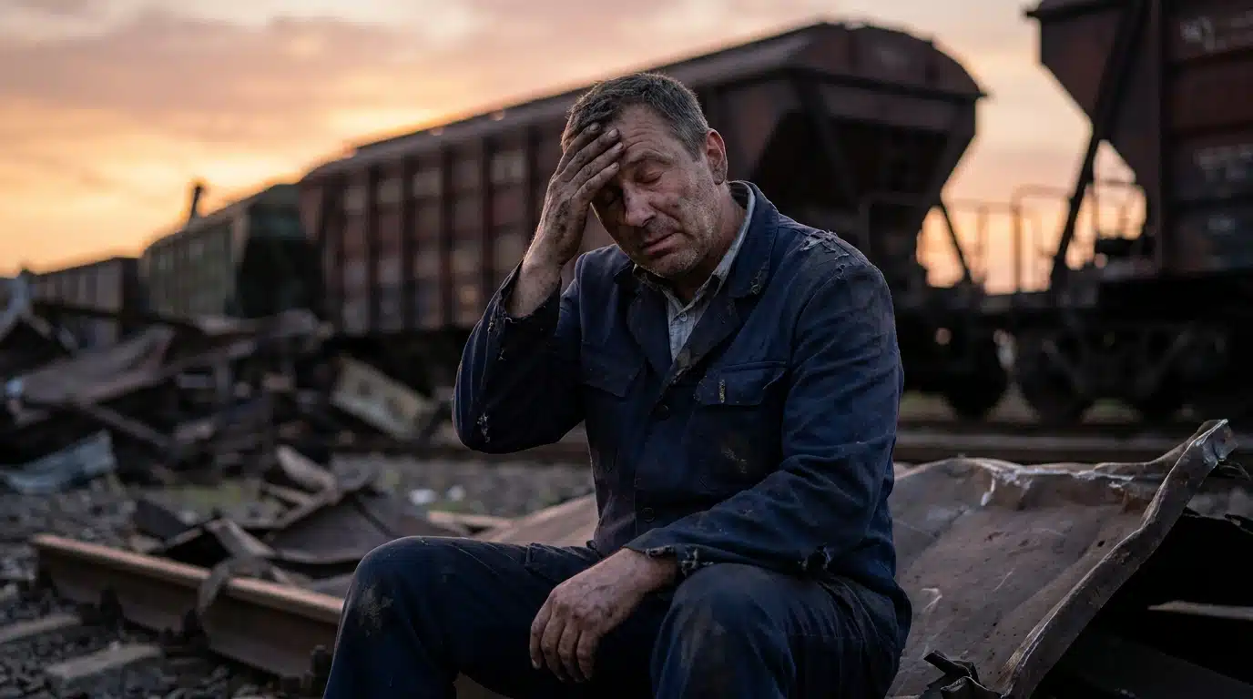 Portrait d'un conducteur de train blessé et épuisé