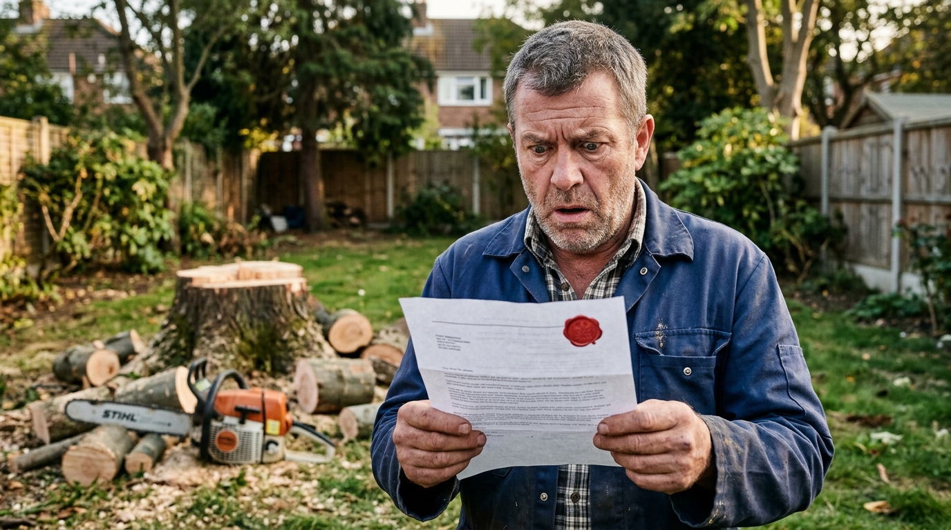 Homme stupéfait tenant une lettre devant une souche d'arbre