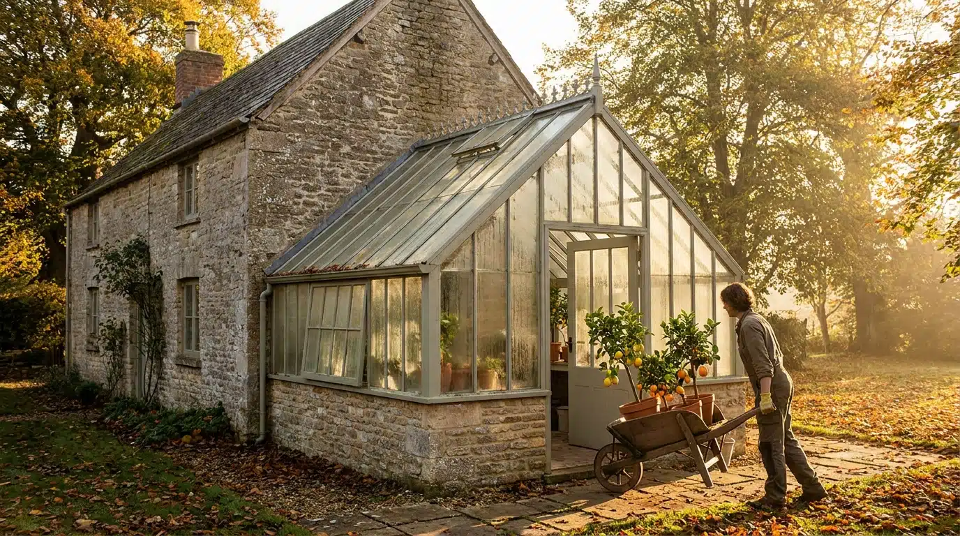 Petite serre en verre adossée au mur d'une maison