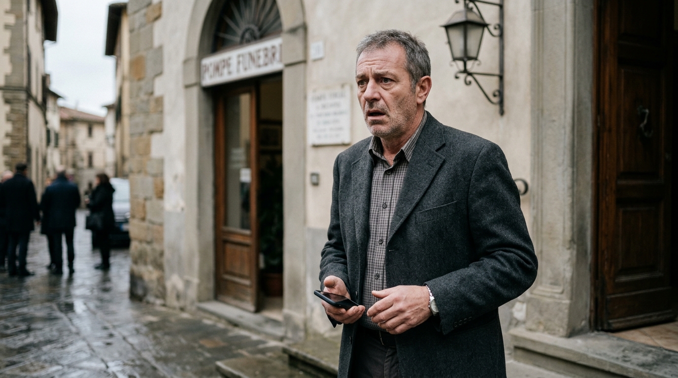Homme bouleversé devant les portes d'une chambre funéraire