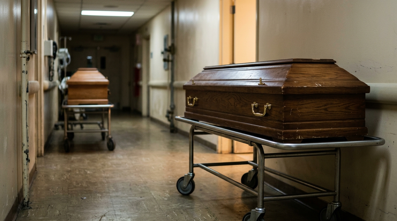Deux cercueils similaires dans un couloir de morgue