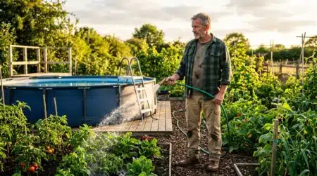 Homme arrosant son potager avec l'eau de sa piscine