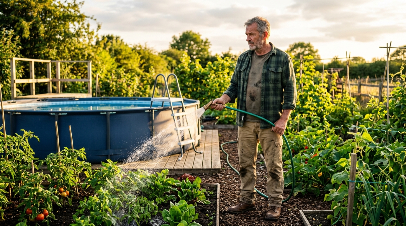 Homme arrosant son potager avec l'eau de sa piscine