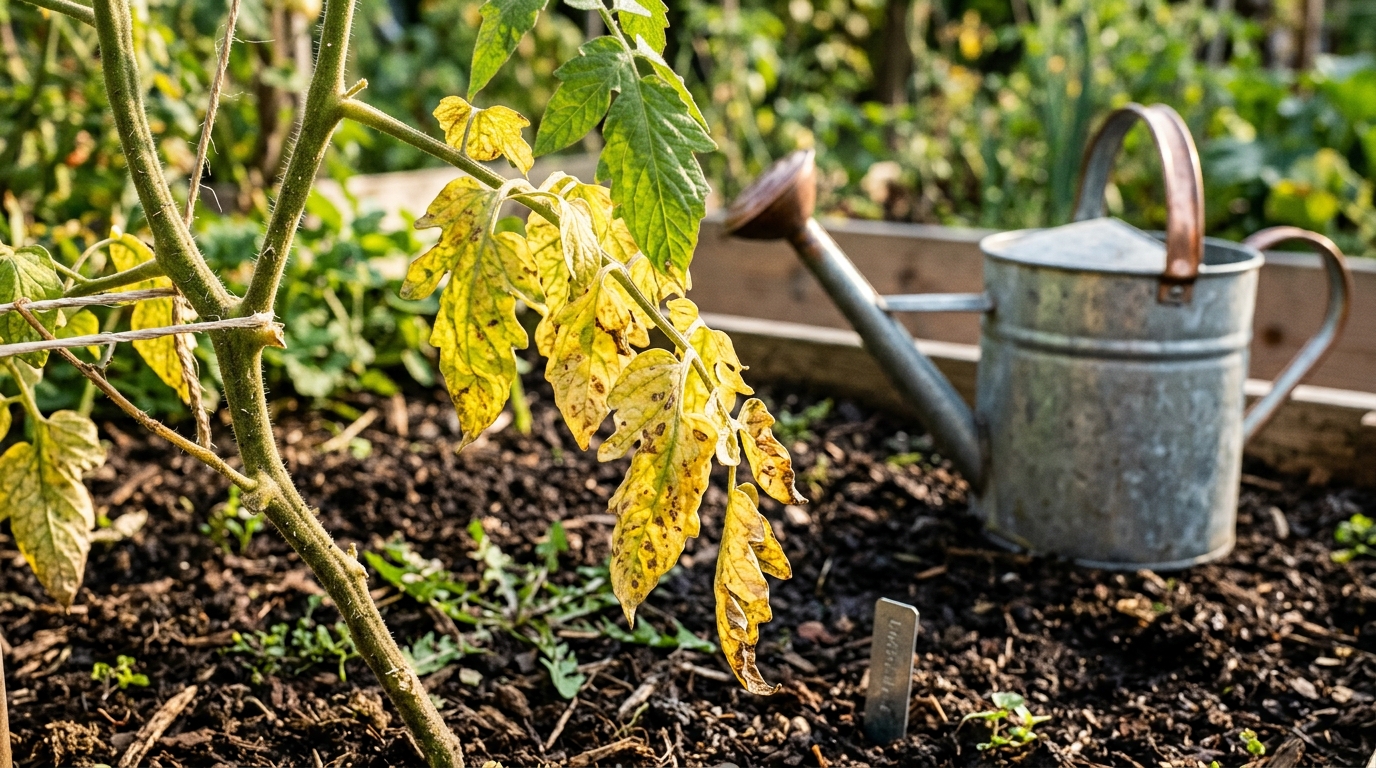 Feuilles de tomates jaunies par un arrosage au chlore