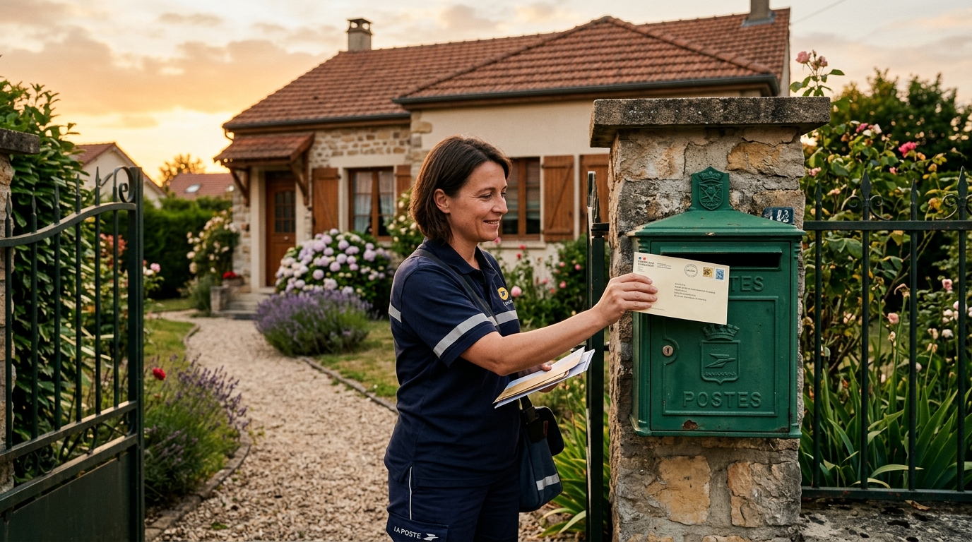 Facteur déposant un courrier de la mairie dans la boîte aux lettres